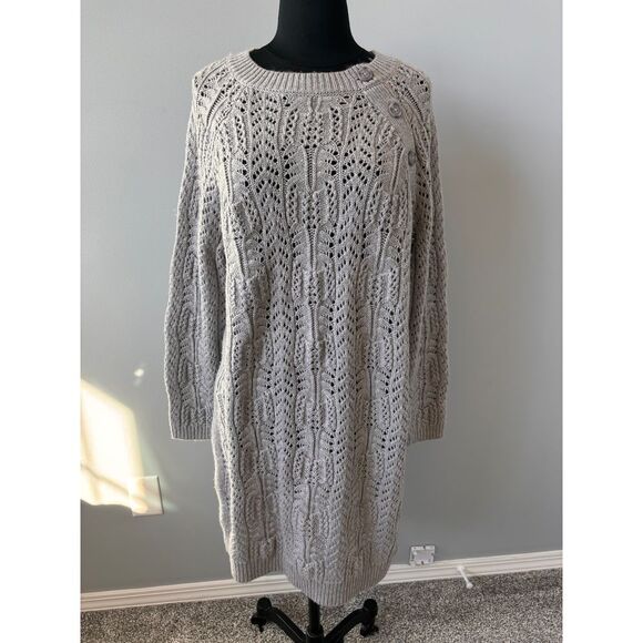 Elegant Knit Pointelle Sweater Button Detail Long‎ Sleeve Pullover in Light Gray - Picture 1 of 9